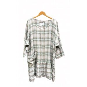 Sweet Plaid Linen Drop Waist Dress Large Pocket Cottage Coastal OS Plus Size 27”